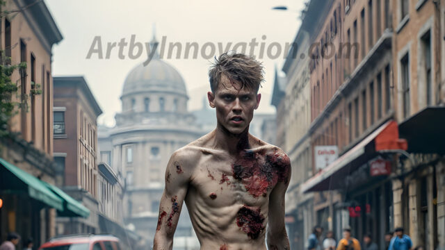 Twinkapocalypse, When Young Male Zombie Twinks, Attack. It's a zombie apocalypse, where young, handsome, freshly turned zombies, still handsome, and even sexy, wonder the city streets, looking for brains to eat. There are cars on fire, trash everywhere, chaos is in the amidst. A young man, covered with blood, dirty, with messy hair, with pale grey skin, dark circles around his eyes, and black lips, walking down a main city street. In this post-apocalyptic city, doing the classic, zombie walk, his head slightly tilted, mouth slightly opened, moaning, brains.