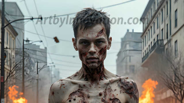 Twinkapocalypse, When Young Male Zombie Twinks, Attack. It's a zombie apocalypse, where young, handsome, freshly turned zombies, still handsome, and even sexy, wonder the city streets, looking for brains to eat. There are cars on fire, trash everywhere, chaos is in the amidst. A young man, covered with blood, dirty, with messy hair, with pale grey skin, dark circles around his eyes, and black lips, walking down a main city street. In this post-apocalyptic city, doing the classic, zombie walk, his head slightly tilted, mouth slightly opened, moaning, brains.