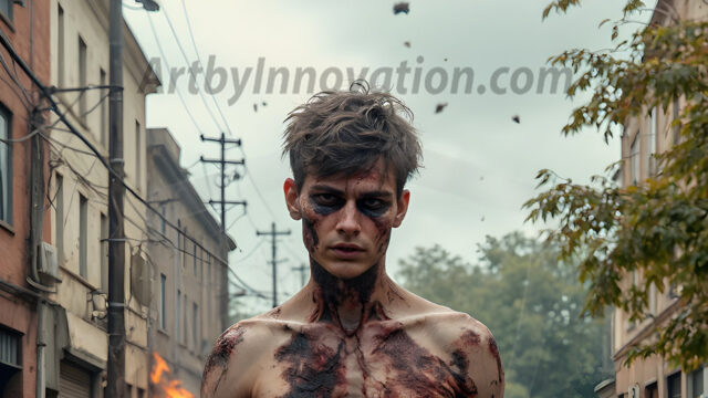 Twinkapocalypse, When Young Male Zombie Twinks, Attack. It's a zombie apocalypse, where young, handsome, freshly turned zombies, still handsome, and even sexy, wonder the city streets, looking for brains to eat. There are cars on fire, trash everywhere, chaos is in the amidst. A young man, covered with blood, dirty, with messy hair, with pale grey skin, dark circles around his eyes, and black lips, walking down a main city street. In this post-apocalyptic city, doing the classic, zombie walk, his head slightly tilted, mouth slightly opened, moaning, brains.