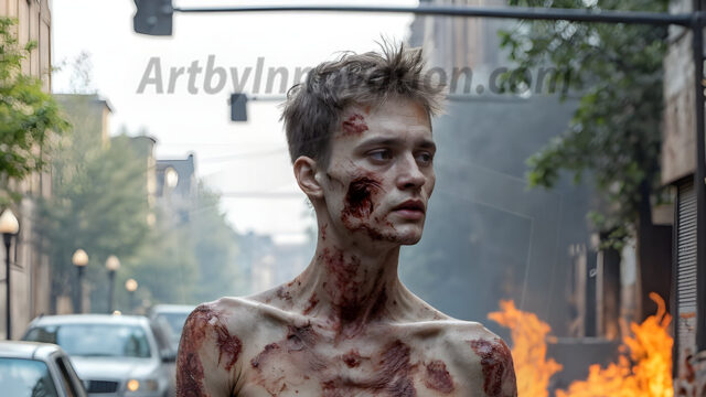 Twinkapocalypse, When Young Male Zombie Twinks, Attack. It's a zombie apocalypse, where young, handsome, freshly turned zombies, still handsome, and even sexy, wonder the city streets, looking for brains to eat. There are cars on fire, trash everywhere, chaos is in the amidst. A young man, covered with blood, dirty, with messy hair, with pale grey skin, dark circles around his eyes, and black lips, walking down a main city street. In this post-apocalyptic city, doing the classic, zombie walk, his head slightly tilted, mouth slightly opened, moaning, brains.