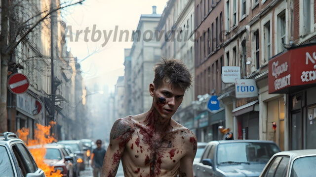 Twinkapocalypse, When Young Male Zombie Twinks, Attack. It's a zombie apocalypse, where young, handsome, freshly turned zombies, still handsome, and even sexy, wonder the city streets, looking for brains to eat. There are cars on fire, trash everywhere, chaos is in the amidst. A young man, covered with blood, dirty, with messy hair, with pale grey skin, dark circles around his eyes, and black lips, walking down a main city street. In this post-apocalyptic city, doing the classic, zombie walk, his head slightly tilted, mouth slightly opened, moaning, brains.