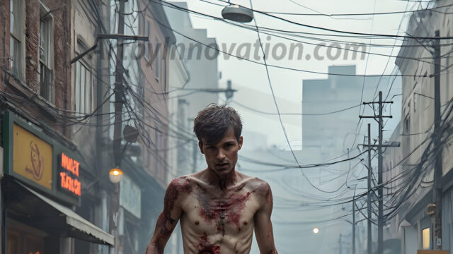 Twinkapocalypse, When Young Male Zombie Twinks, Attack. It's a zombie apocalypse, where young, handsome, freshly turned zombies, still handsome, and even sexy, wonder the city streets, looking for brains to eat. There are cars on fire, trash everywhere, chaos is in the amidst. A young man, covered with blood, dirty, with messy hair, with pale grey skin, dark circles around his eyes, and black lips, walking down a main city street. In this post-apocalyptic city, doing the classic, zombie walk, his head slightly tilted, mouth slightly opened, moaning, brains.