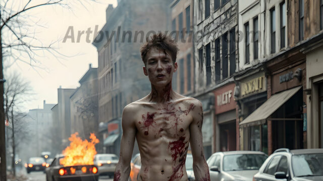 Twinkapocalypse, When Young Male Zombie Twinks, Attack. It's a zombie apocalypse, where young, handsome, freshly turned zombies, still handsome, and even sexy, wonder the city streets, looking for brains to eat. There are cars on fire, trash everywhere, chaos is in the amidst. A young man, covered with blood, dirty, with messy hair, with pale grey skin, dark circles around his eyes, and black lips, walking down a main city street. In this post-apocalyptic city, doing the classic, zombie walk, his head slightly tilted, mouth slightly opened, moaning, brains.