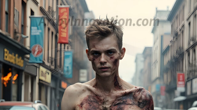 Twinkapocalypse, When Young Male Zombie Twinks, Attack. It's a zombie apocalypse, where young, handsome, freshly turned zombies, still handsome, and even sexy, wonder the city streets, looking for brains to eat. There are cars on fire, trash everywhere, chaos is in the amidst. A young man, covered with blood, dirty, with messy hair, with pale grey skin, dark circles around his eyes, and black lips, walking down a main city street. In this post-apocalyptic city, doing the classic, zombie walk, his head slightly tilted, mouth slightly opened, moaning, brains.