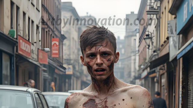 Twinkapocalypse, When Young Male Zombie Twinks, Attack. It's a zombie apocalypse, where young, handsome, freshly turned zombies, still handsome, and even sexy, wonder the city streets, looking for brains to eat. There are cars on fire, trash everywhere, chaos is in the amidst. A young man, covered with blood, dirty, with messy hair, with pale grey skin, dark circles around his eyes, and black lips, walking down a main city street. In this post-apocalyptic city, doing the classic, zombie walk, his head slightly tilted, mouth slightly opened, moaning, brains.