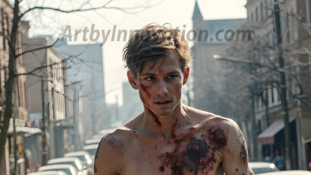 Twinkapocalypse, When Young Male Zombie Twinks, Attack. It's a zombie apocalypse, where young, handsome, freshly turned zombies, still handsome, and even sexy, wonder the city streets, looking for brains to eat. There are cars on fire, trash everywhere, chaos is in the amidst. A young man, covered with blood, dirty, with messy hair, with pale grey skin, dark circles around his eyes, and black lips, walking down a main city street. In this post-apocalyptic city, doing the classic, zombie walk, his head slightly tilted, mouth slightly opened, moaning, brains.