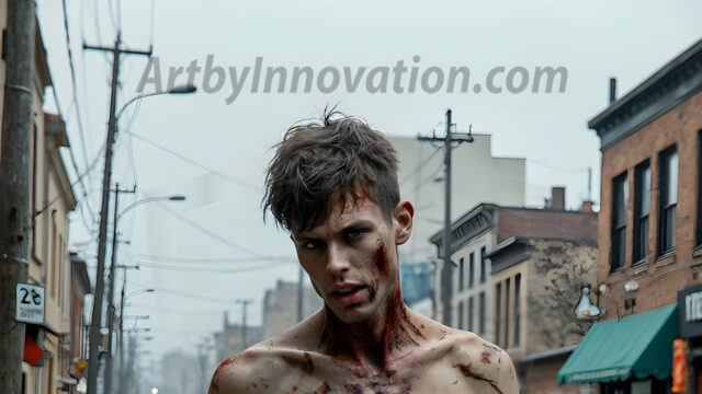 Twinkapocalypse, When Young Male Zombie Twinks, Attack. It's a zombie apocalypse, where young, handsome, freshly turned zombies, still handsome, and even sexy, wonder the city streets, looking for brains to eat. There are cars on fire, trash everywhere, chaos is in the amidst. A young man, covered with blood, dirty, with messy hair, with pale grey skin, dark circles around his eyes, and black lips, walking down a main city street. In this post-apocalyptic city, doing the classic, zombie walk, his head slightly tilted, mouth slightly opened, moaning, brains.