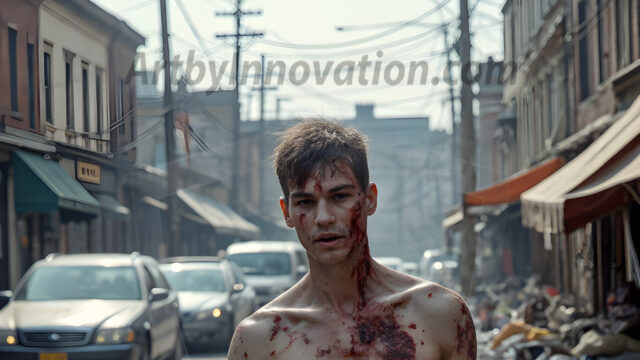 Twinkapocalypse, When Young Male Zombie Twinks, Attack. It's a zombie apocalypse, where young, handsome, freshly turned zombies, still handsome, and even sexy, wonder the city streets, looking for brains to eat. There are cars on fire, trash everywhere, chaos is in the amidst. A young man, covered with blood, dirty, with messy hair, with pale grey skin, dark circles around his eyes, and black lips, walking down a main city street. In this post-apocalyptic city, doing the classic, zombie walk, his head slightly tilted, mouth slightly opened, moaning, brains.