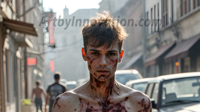 Twinkapocalypse, When Young Male Zombie Twinks, Attack. It's a zombie apocalypse, where young, handsome, freshly turned zombies, still handsome, and even sexy, wonder the city streets, looking for brains to eat. There are cars on fire, trash everywhere, chaos is in the amidst. A young man, covered with blood, dirty, with messy hair, with pale grey skin, dark circles around his eyes, and black lips, walking down a main city street. In this post-apocalyptic city, doing the classic, zombie walk, his head slightly tilted, mouth slightly opened, moaning, brains.