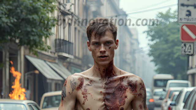 Twinkapocalypse, When Young Male Zombie Twinks, Attack. It's a zombie apocalypse, where young, handsome, freshly turned zombies, still handsome, and even sexy, wonder the city streets, looking for brains to eat. There are cars on fire, trash everywhere, chaos is in the amidst. A young man, covered with blood, dirty, with messy hair, with pale grey skin, dark circles around his eyes, and black lips, walking down a main city street. In this post-apocalyptic city, doing the classic, zombie walk, his head slightly tilted, mouth slightly opened, moaning, brains.