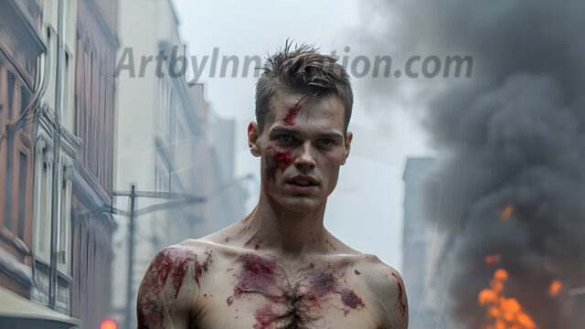 Twinkapocalypse, When Young Male Zombie Twinks, Attack. It's a zombie apocalypse, where young, handsome, freshly turned zombies, still handsome, and even sexy, wonder the city streets, looking for brains to eat. There are cars on fire, trash everywhere, chaos is in the amidst. A young man, covered with blood, dirty, with messy hair, with pale grey skin, dark circles around his eyes, and black lips, walking down a main city street. In this post-apocalyptic city, doing the classic, zombie walk, his head slightly tilted, mouth slightly opened, moaning, brains.