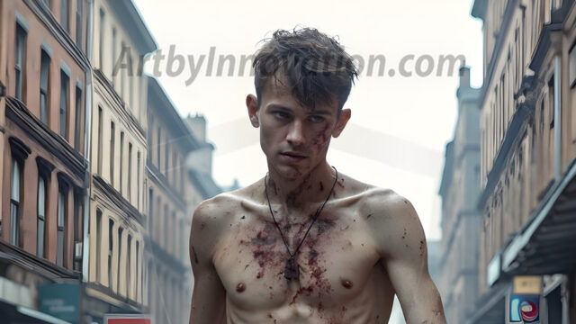 Twinkapocalypse, When Young Male Zombie Twinks, Attack. It's a zombie apocalypse, where young, handsome, freshly turned zombies, still handsome, and even sexy, wonder the city streets, looking for brains to eat. There are cars on fire, trash everywhere, chaos is in the amidst. A young man, covered with blood, dirty, with messy hair, with pale grey skin, dark circles around his eyes, and black lips, walking down a main city street. In this post-apocalyptic city, doing the classic, zombie walk, his head slightly tilted, mouth slightly opened, moaning, brains.