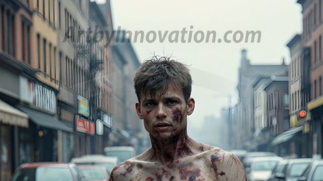 Twinkapocalypse, When Young Male Zombie Twinks, Attack. It's a zombie apocalypse, where young, handsome, freshly turned zombies, still handsome, and even sexy, wonder the city streets, looking for brains to eat. There are cars on fire, trash everywhere, chaos is in the amidst. A young man, covered with blood, dirty, with messy hair, with pale grey skin, dark circles around his eyes, and black lips, walking down a main city street. In this post-apocalyptic city, doing the classic, zombie walk, his head slightly tilted, mouth slightly opened, moaning, brains.