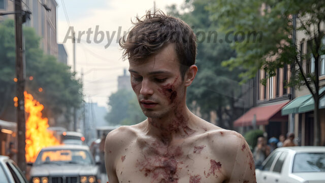 Twinkapocalypse, When Young Male Zombie Twinks, Attack. It's a zombie apocalypse, where young, handsome, freshly turned zombies, still handsome, and even sexy, wonder the city streets, looking for brains to eat. There are cars on fire, trash everywhere, chaos is in the amidst. A young man, covered with blood, dirty, with messy hair, with pale grey skin, dark circles around his eyes, and black lips, walking down a main city street. In this post-apocalyptic city, doing the classic, zombie walk, his head slightly tilted, mouth slightly opened, moaning, brains.