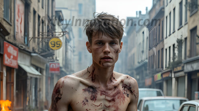 Twinkapocalypse, When Young Male Zombie Twinks, Attack. It's a zombie apocalypse, where young, handsome, freshly turned zombies, still handsome, and even sexy, wonder the city streets, looking for brains to eat. There are cars on fire, trash everywhere, chaos is in the amidst. A young man, covered with blood, dirty, with messy hair, with pale grey skin, dark circles around his eyes, and black lips, walking down a main city street. In this post-apocalyptic city, doing the classic, zombie walk, his head slightly tilted, mouth slightly opened, moaning, brains.