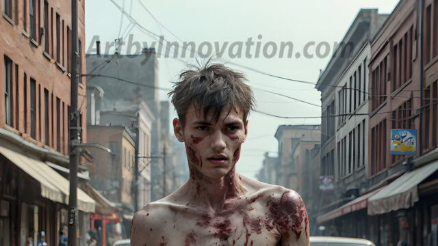 Twinkapocalypse, When Young Male Zombie Twinks, Attack. It's a zombie apocalypse, where young, handsome, freshly turned zombies, still handsome, and even sexy, wonder the city streets, looking for brains to eat. There are cars on fire, trash everywhere, chaos is in the amidst. A young man, covered with blood, dirty, with messy hair, with pale grey skin, dark circles around his eyes, and black lips, walking down a main city street. In this post-apocalyptic city, doing the classic, zombie walk, his head slightly tilted, mouth slightly opened, moaning, brains.