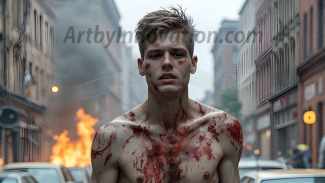 Twinkapocalypse, When Young Male Zombie Twinks, Attack. It's a zombie apocalypse, where young, handsome, freshly turned zombies, still handsome, and even sexy, wonder the city streets, looking for brains to eat. There are cars on fire, trash everywhere, chaos is in the amidst. A young man, covered with blood, dirty, with messy hair, with pale grey skin, dark circles around his eyes, and black lips, walking down a main city street. In this post-apocalyptic city, doing the classic, zombie walk, his head slightly tilted, mouth slightly opened, moaning, brains.