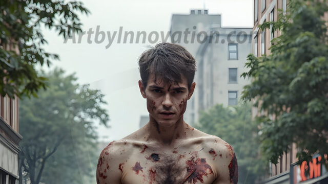 Twinkapocalypse, When Young Male Zombie Twinks, Attack. It's a zombie apocalypse, where young, handsome, freshly turned zombies, still handsome, and even sexy, wonder the city streets, looking for brains to eat. There are cars on fire, trash everywhere, chaos is in the amidst. A young man, covered with blood, dirty, with messy hair, with pale grey skin, dark circles around his eyes, and black lips, walking down a main city street. In this post-apocalyptic city, doing the classic, zombie walk, his head slightly tilted, mouth slightly opened, moaning, brains.