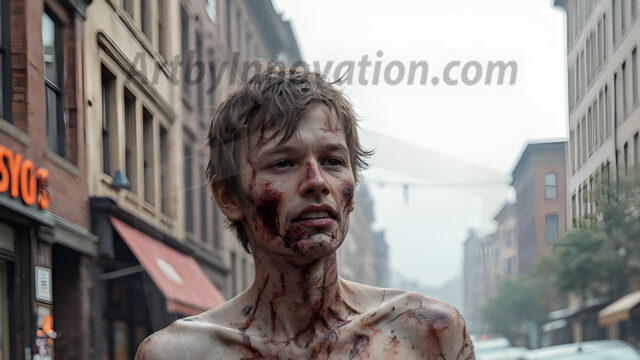 Twinkapocalypse, When Young Male Zombie Twinks, Attack. It's a zombie apocalypse, where young, handsome, freshly turned zombies, still handsome, and even sexy, wonder the city streets, looking for brains to eat. There are cars on fire, trash everywhere, chaos is in the amidst. A young man, covered with blood, dirty, with messy hair, with pale grey skin, dark circles around his eyes, and black lips, walking down a main city street. In this post-apocalyptic city, doing the classic, zombie walk, his head slightly tilted, mouth slightly opened, moaning, brains.