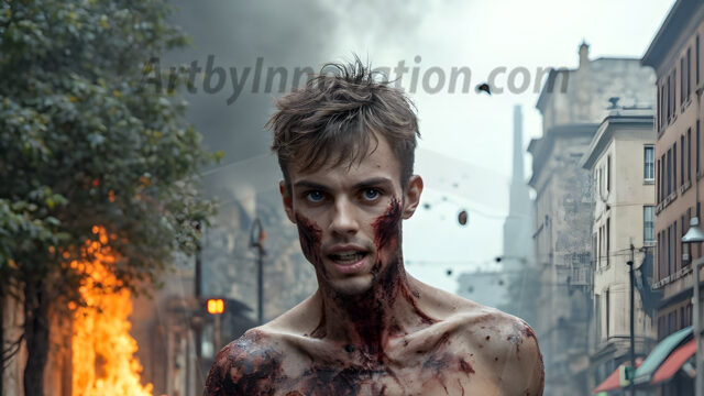 Twinkapocalypse, When Young Male Zombie Twinks, Attack. It's a zombie apocalypse, where young, handsome, freshly turned zombies, still handsome, and even sexy, wonder the city streets, looking for brains to eat. There are cars on fire, trash everywhere, chaos is in the amidst. A young man, covered with blood, dirty, with messy hair, with pale grey skin, dark circles around his eyes, and black lips, walking down a main city street. In this post-apocalyptic city, doing the classic, zombie walk, his head slightly tilted, mouth slightly opened, moaning, brains.