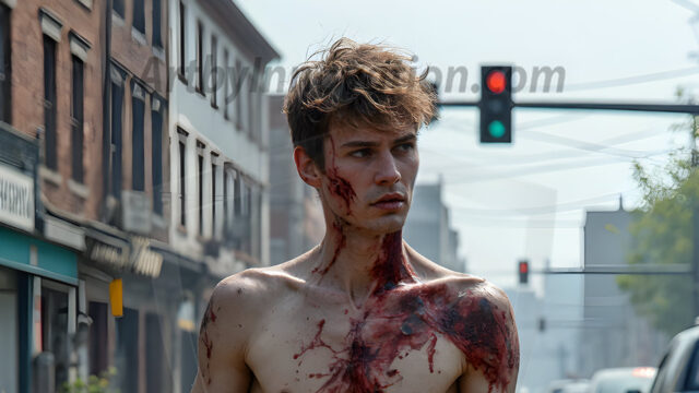Twinkapocalypse, When Young Male Zombie Twinks, Attack. It's a zombie apocalypse, where young, handsome, freshly turned zombies, still handsome, and even sexy, wonder the city streets, looking for brains to eat. There are cars on fire, trash everywhere, chaos is in the amidst. A young man, covered with blood, dirty, with messy hair, with pale grey skin, dark circles around his eyes, and black lips, walking down a main city street. In this post-apocalyptic city, doing the classic, zombie walk, his head slightly tilted, mouth slightly opened, moaning, brains.
