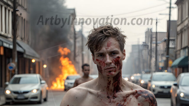 Twinkapocalypse, When Young Male Zombie Twinks, Attack. It's a zombie apocalypse, where young, handsome, freshly turned zombies, still handsome, and even sexy, wonder the city streets, looking for brains to eat. There are cars on fire, trash everywhere, chaos is in the amidst. A young man, covered with blood, dirty, with messy hair, with pale grey skin, dark circles around his eyes, and black lips, walking down a main city street. In this post-apocalyptic city, doing the classic, zombie walk, his head slightly tilted, mouth slightly opened, moaning, brains.