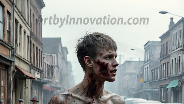 Twinkapocalypse, When Young Male Zombie Twinks, Attack. It's a zombie apocalypse, where young, handsome, freshly turned zombies, still handsome, and even sexy, wonder the city streets, looking for brains to eat. There are cars on fire, trash everywhere, chaos is in the amidst. A young man, covered with blood, dirty, with messy hair, with pale grey skin, dark circles around his eyes, and black lips, walking down a main city street. In this post-apocalyptic city, doing the classic, zombie walk, his head slightly tilted, mouth slightly opened, moaning, brains.