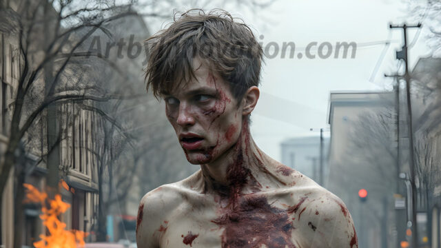 Twinkapocalypse, When Young Male Zombie Twinks, Attack. It's a zombie apocalypse, where young, handsome, freshly turned zombies, still handsome, and even sexy, wonder the city streets, looking for brains to eat. There are cars on fire, trash everywhere, chaos is in the amidst. A young man, covered with blood, dirty, with messy hair, with pale grey skin, dark circles around his eyes, and black lips, walking down a main city street. In this post-apocalyptic city, doing the classic, zombie walk, his head slightly tilted, mouth slightly opened, moaning, brains.