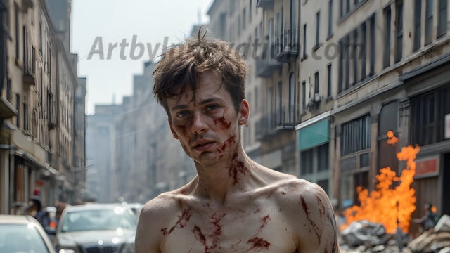 Twinkapocalypse, When Young Male Zombie Twinks, Attack. It's a zombie apocalypse, where young, handsome, freshly turned zombies, still handsome, and even sexy, wonder the city streets, looking for brains to eat. There are cars on fire, trash everywhere, chaos is in the amidst. A young man, covered with blood, dirty, with messy hair, with pale grey skin, dark circles around his eyes, and black lips, walking down a main city street. In this post-apocalyptic city, doing the classic, zombie walk, his head slightly tilted, mouth slightly opened, moaning, brains.