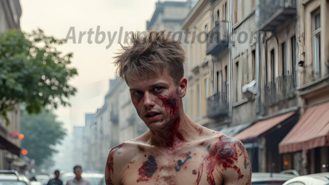 Twinkapocalypse, When Young Male Zombie Twinks, Attack. It's a zombie apocalypse, where young, handsome, freshly turned zombies, still handsome, and even sexy, wonder the city streets, looking for brains to eat. There are cars on fire, trash everywhere, chaos is in the amidst. A young man, covered with blood, dirty, with messy hair, with pale grey skin, dark circles around his eyes, and black lips, walking down a main city street. In this post-apocalyptic city, doing the classic, zombie walk, his head slightly tilted, mouth slightly opened, moaning, brains.