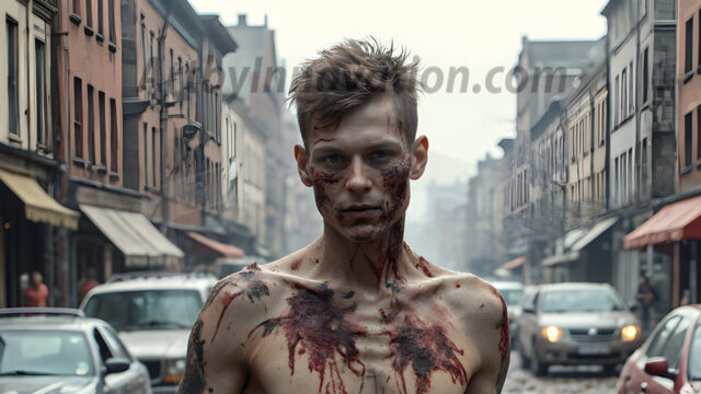 Twinkapocalypse, When Young Male Zombie Twinks, Attack. It's a zombie apocalypse, where young, handsome, freshly turned zombies, still handsome, and even sexy, wonder the city streets, looking for brains to eat. There are cars on fire, trash everywhere, chaos is in the amidst. A young man, covered with blood, dirty, with messy hair, with pale grey skin, dark circles around his eyes, and black lips, walking down a main city street. In this post-apocalyptic city, doing the classic, zombie walk, his head slightly tilted, mouth slightly opened, moaning, brains.