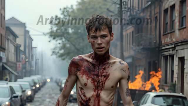 Twinkapocalypse, When Young Male Zombie Twinks, Attack. It's a zombie apocalypse, where young, handsome, freshly turned zombies, still handsome, and even sexy, wonder the city streets, looking for brains to eat. There are cars on fire, trash everywhere, chaos is in the amidst. A young man, covered with blood, dirty, with messy hair, with pale grey skin, dark circles around his eyes, and black lips, walking down a main city street. In this post-apocalyptic city, doing the classic, zombie walk, his head slightly tilted, mouth slightly opened, moaning, brains.