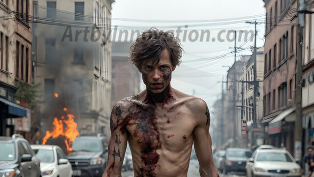 Twinkapocalypse, When Young Male Zombie Twinks, Attack. It's a zombie apocalypse, where young, handsome, freshly turned zombies, still handsome, and even sexy, wonder the city streets, looking for brains to eat. There are cars on fire, trash everywhere, chaos is in the amidst. A young man, covered with blood, dirty, with messy hair, with pale grey skin, dark circles around his eyes, and black lips, walking down a main city street. In this post-apocalyptic city, doing the classic, zombie walk, his head slightly tilted, mouth slightly opened, moaning, brains.