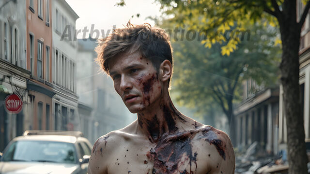 Twinkapocalypse, When Young Male Zombie Twinks, Attack. It's a zombie apocalypse, where young, handsome, freshly turned zombies, still handsome, and even sexy, wonder the city streets, looking for brains to eat. There are cars on fire, trash everywhere, chaos is in the amidst. A young man, covered with blood, dirty, with messy hair, with pale grey skin, dark circles around his eyes, and black lips, walking down a main city street. In this post-apocalyptic city, doing the classic, zombie walk, his head slightly tilted, mouth slightly opened, moaning, brains.