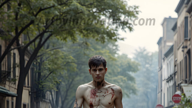 Twinkapocalypse, When Young Male Zombie Twinks, Attack. It's a zombie apocalypse, where young, handsome, freshly turned zombies, still handsome, and even sexy, wonder the city streets, looking for brains to eat. There are cars on fire, trash everywhere, chaos is in the amidst. A young man, covered with blood, dirty, with messy hair, with pale grey skin, dark circles around his eyes, and black lips, walking down a main city street. In this post-apocalyptic city, doing the classic, zombie walk, his head slightly tilted, mouth slightly opened, moaning, brains.