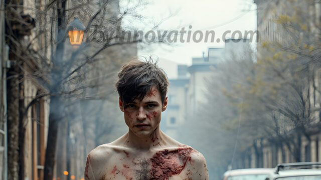 Twinkapocalypse, When Young Male Zombie Twinks, Attack. It's a zombie apocalypse, where young, handsome, freshly turned zombies, still handsome, and even sexy, wonder the city streets, looking for brains to eat. There are cars on fire, trash everywhere, chaos is in the amidst. A young man, covered with blood, dirty, with messy hair, with pale grey skin, dark circles around his eyes, and black lips, walking down a main city street. In this post-apocalyptic city, doing the classic, zombie walk, his head slightly tilted, mouth slightly opened, moaning, brains.