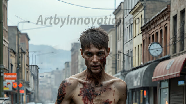 Twinkapocalypse, When Young Male Zombie Twinks, Attack. It's a zombie apocalypse, where young, handsome, freshly turned zombies, still handsome, and even sexy, wonder the city streets, looking for brains to eat. There are cars on fire, trash everywhere, chaos is in the amidst. A young man, covered with blood, dirty, with messy hair, with pale grey skin, dark circles around his eyes, and black lips, walking down a main city street. In this post-apocalyptic city, doing the classic, zombie walk, his head slightly tilted, mouth slightly opened, moaning, brains.