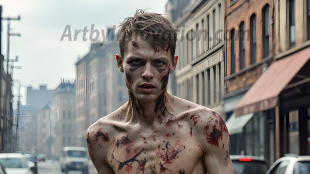 Twinkapocalypse, When Young Male Zombie Twinks, Attack. It's a zombie apocalypse, where young, handsome, freshly turned zombies, still handsome, and even sexy, wonder the city streets, looking for brains to eat. There are cars on fire, trash everywhere, chaos is in the amidst. A young man, covered with blood, dirty, with messy hair, with pale grey skin, dark circles around his eyes, and black lips, walking down a main city street. In this post-apocalyptic city, doing the classic, zombie walk, his head slightly tilted, mouth slightly opened, moaning, brains.