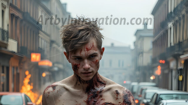 Twinkapocalypse, When Young Male Zombie Twinks, Attack. It's a zombie apocalypse, where young, handsome, freshly turned zombies, still handsome, and even sexy, wonder the city streets, looking for brains to eat. There are cars on fire, trash everywhere, chaos is in the amidst. A young man, covered with blood, dirty, with messy hair, with pale grey skin, dark circles around his eyes, and black lips, walking down a main city street. In this post-apocalyptic city, doing the classic, zombie walk, his head slightly tilted, mouth slightly opened, moaning, brains.