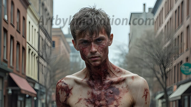 Twinkapocalypse, When Young Male Zombie Twinks, Attack. It's a zombie apocalypse, where young, handsome, freshly turned zombies, still handsome, and even sexy, wonder the city streets, looking for brains to eat. There are cars on fire, trash everywhere, chaos is in the amidst. A young man, covered with blood, dirty, with messy hair, with pale grey skin, dark circles around his eyes, and black lips, walking down a main city street. In this post-apocalyptic city, doing the classic, zombie walk, his head slightly tilted, mouth slightly opened, moaning, brains.