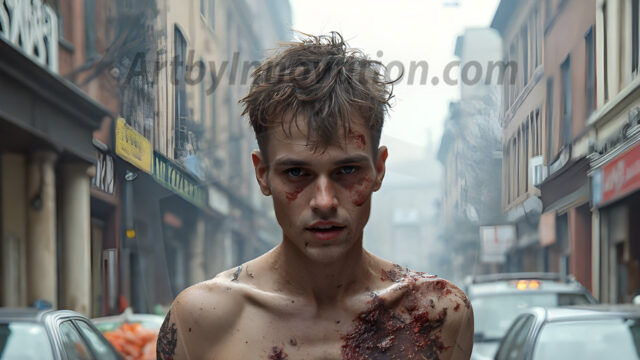 Twinkapocalypse, When Young Male Zombie Twinks, Attack. It's a zombie apocalypse, where young, handsome, freshly turned zombies, still handsome, and even sexy, wonder the city streets, looking for brains to eat. There are cars on fire, trash everywhere, chaos is in the amidst. A young man, covered with blood, dirty, with messy hair, with pale grey skin, dark circles around his eyes, and black lips, walking down a main city street. In this post-apocalyptic city, doing the classic, zombie walk, his head slightly tilted, mouth slightly opened, moaning, brains.