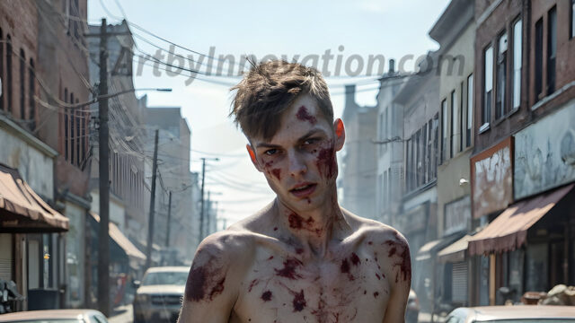 Twinkapocalypse, When Young Male Zombie Twinks, Attack. It's a zombie apocalypse, where young, handsome, freshly turned zombies, still handsome, and even sexy, wonder the city streets, looking for brains to eat. There are cars on fire, trash everywhere, chaos is in the amidst. A young man, covered with blood, dirty, with messy hair, with pale grey skin, dark circles around his eyes, and black lips, walking down a main city street. In this post-apocalyptic city, doing the classic, zombie walk, his head slightly tilted, mouth slightly opened, moaning, brains.