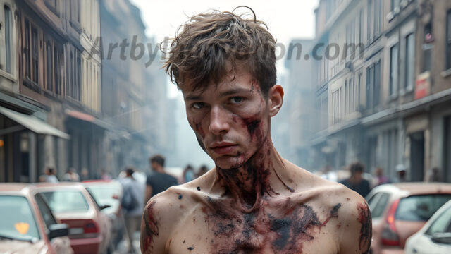 Twinkapocalypse, When Young Male Zombie Twinks, Attack. It's a zombie apocalypse, where young, handsome, freshly turned zombies, still handsome, and even sexy, wonder the city streets, looking for brains to eat. There are cars on fire, trash everywhere, chaos is in the amidst. A young man, covered with blood, dirty, with messy hair, with pale grey skin, dark circles around his eyes, and black lips, walking down a main city street. In this post-apocalyptic city, doing the classic, zombie walk, his head slightly tilted, mouth slightly opened, moaning, brains.