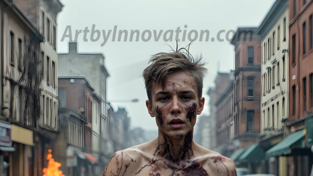 Twinkapocalypse, When Young Male Zombie Twinks, Attack. It's a zombie apocalypse, where young, handsome, freshly turned zombies, still handsome, and even sexy, wonder the city streets, looking for brains to eat. There are cars on fire, trash everywhere, chaos is in the amidst. A young man, covered with blood, dirty, with messy hair, with pale grey skin, dark circles around his eyes, and black lips, walking down a main city street. In this post-apocalyptic city, doing the classic, zombie walk, his head slightly tilted, mouth slightly opened, moaning, brains.