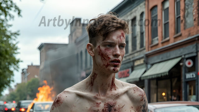 Twinkapocalypse, When Young Male Zombie Twinks, Attack. It's a zombie apocalypse, where young, handsome, freshly turned zombies, still handsome, and even sexy, wonder the city streets, looking for brains to eat. There are cars on fire, trash everywhere, chaos is in the amidst. A young man, covered with blood, dirty, with messy hair, with pale grey skin, dark circles around his eyes, and black lips, walking down a main city street. In this post-apocalyptic city, doing the classic, zombie walk, his head slightly tilted, mouth slightly opened, moaning, brains.