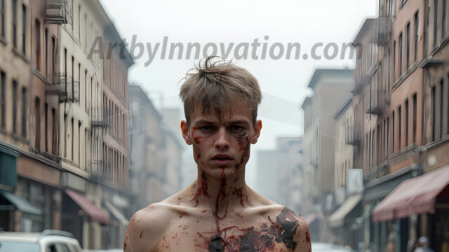 Twinkapocalypse, When Young Male Zombie Twinks, Attack. It's a zombie apocalypse, where young, handsome, freshly turned zombies, still handsome, and even sexy, wonder the city streets, looking for brains to eat. There are cars on fire, trash everywhere, chaos is in the amidst. A young man, covered with blood, dirty, with messy hair, with pale grey skin, dark circles around his eyes, and black lips, walking down a main city street. In this post-apocalyptic city, doing the classic, zombie walk, his head slightly tilted, mouth slightly opened, moaning, brains.