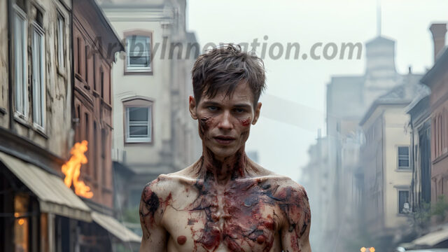 Twinkapocalypse, When Young Male Zombie Twinks, Attack. It's a zombie apocalypse, where young, handsome, freshly turned zombies, still handsome, and even sexy, wonder the city streets, looking for brains to eat. There are cars on fire, trash everywhere, chaos is in the amidst. A young man, covered with blood, dirty, with messy hair, with pale grey skin, dark circles around his eyes, and black lips, walking down a main city street. In this post-apocalyptic city, doing the classic, zombie walk, his head slightly tilted, mouth slightly opened, moaning, brains.