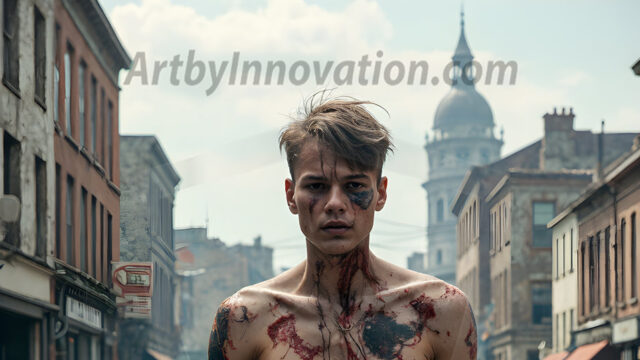 Twinkapocalypse, When Young Male Zombie Twinks, Attack. It's a zombie apocalypse, where young, handsome, freshly turned zombies, still handsome, and even sexy, wonder the city streets, looking for brains to eat. There are cars on fire, trash everywhere, chaos is in the amidst. A young man, covered with blood, dirty, with messy hair, with pale grey skin, dark circles around his eyes, and black lips, walking down a main city street. In this post-apocalyptic city, doing the classic, zombie walk, his head slightly tilted, mouth slightly opened, moaning, brains.