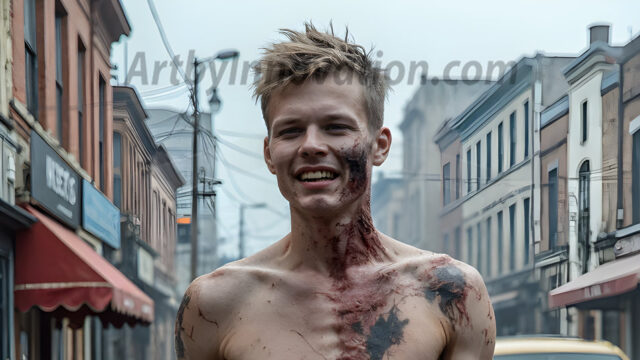 Twinkapocalypse, When Young Male Zombie Twinks, Attack. It's a zombie apocalypse, where young, handsome, freshly turned zombies, still handsome, and even sexy, wonder the city streets, looking for brains to eat. There are cars on fire, trash everywhere, chaos is in the amidst. A young man, covered with blood, dirty, with messy hair, with pale grey skin, dark circles around his eyes, and black lips, walking down a main city street. In this post-apocalyptic city, doing the classic, zombie walk, his head slightly tilted, mouth slightly opened, moaning, brains.