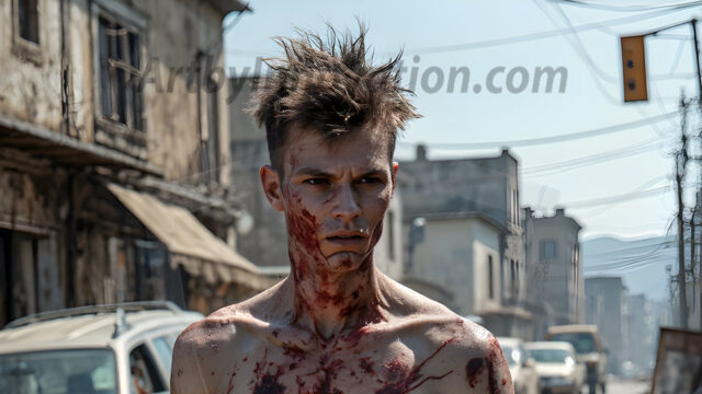 Twinkapocalypse, When Young Male Zombie Twinks, Attack. It's a zombie apocalypse, where young, handsome, freshly turned zombies, still handsome, and even sexy, wonder the city streets, looking for brains to eat. There are cars on fire, trash everywhere, chaos is in the amidst. A young man, covered with blood, dirty, with messy hair, with pale grey skin, dark circles around his eyes, and black lips, walking down a main city street. In this post-apocalyptic city, doing the classic, zombie walk, his head slightly tilted, mouth slightly opened, moaning, brains.